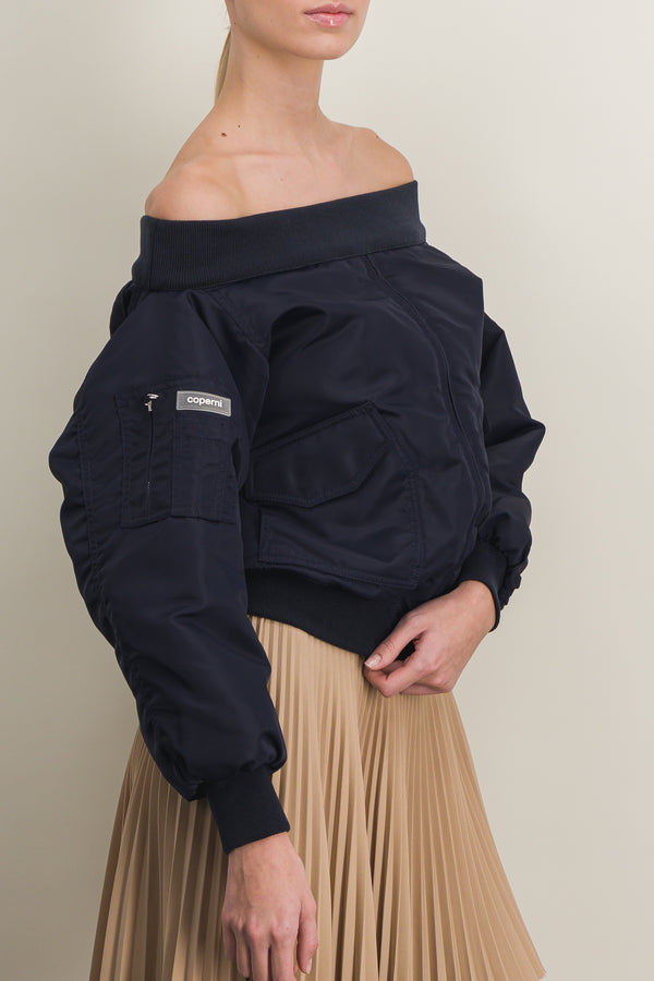 Off-the-shoulder nylon bomber poncho