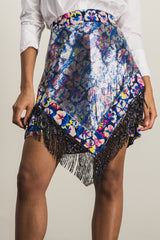 Mix mesh flower printed asymmetric mini skirt