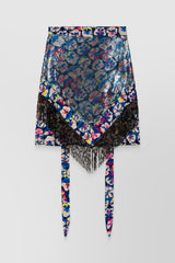 Mix mesh flower printed asymmetric mini skirt