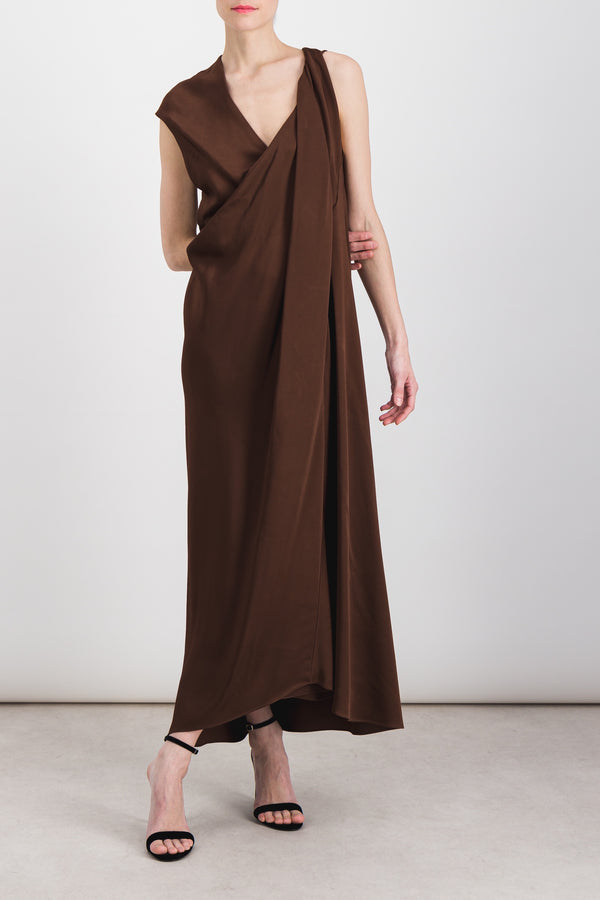 Asymmetric draped sleeveless crêpe satin midi dress