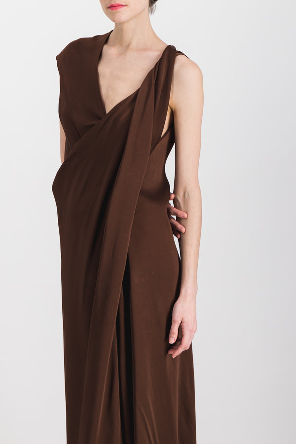 Asymmetric draped sleeveless crêpe satin midi dress