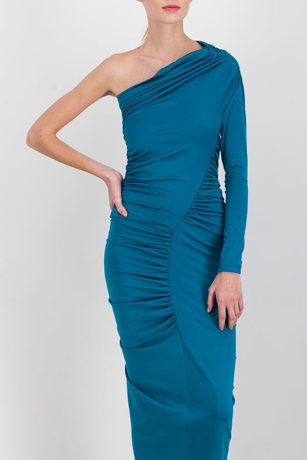 One shoulder draped recycled jersey maxi dress