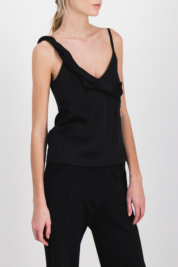 Asymmetric crêpe satin black caraco top