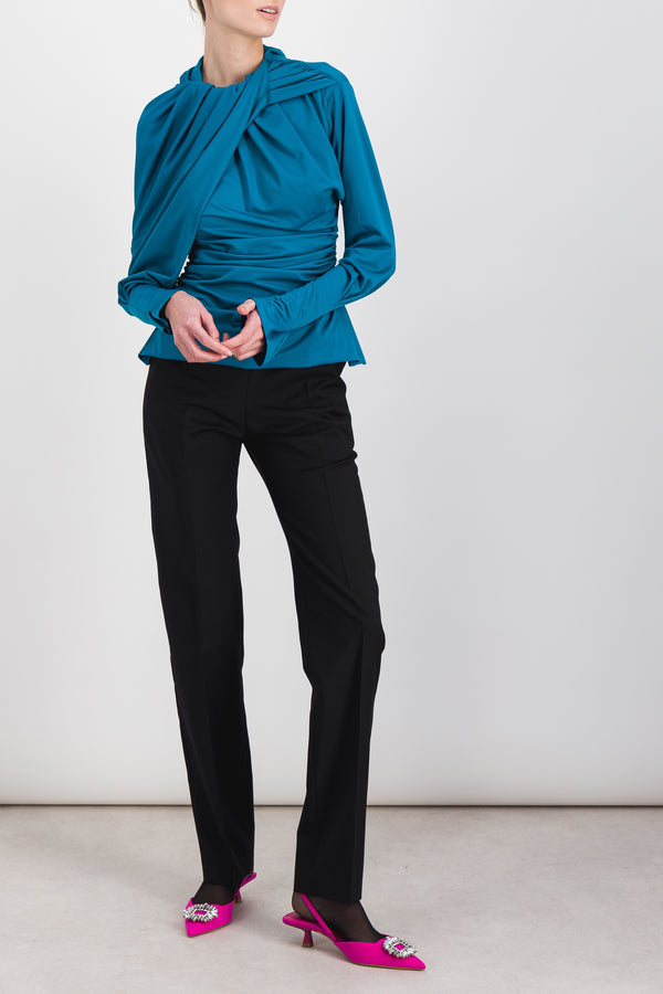 Asymmetric draped long sleeved soft seaqual top