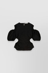 Cut-out puff sleeve matelassé top