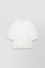 Matelassé drop shoulder top with puff sleeves