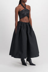 Black satin A-line maxi skirt