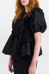 Blouse with smocked panels and ruffles